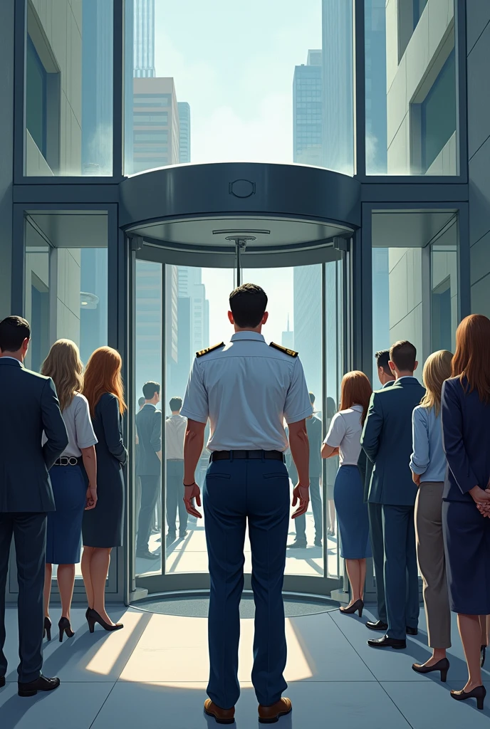 Create me an image of a security guard at a door and several people in a line