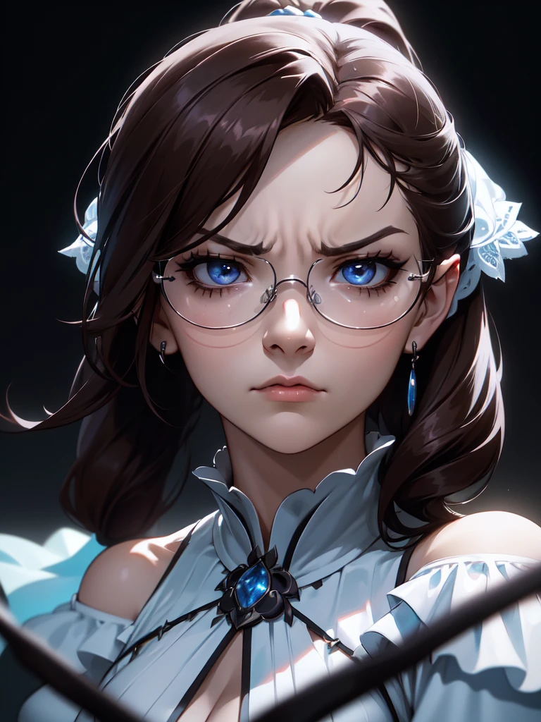 (((Portrait Photo))), She has the Appearance of a Regal Teenager, with a Strong, Muscular Build that Commands Attention. Her Long, Dark Brown Hair Tied in a High, Oversized Ponytail. Her Light Blue Eyes, Framed by Long Lashes, Exude a Fierce Intensity, Reflecting a Stormy Determination and a Hint of Fury. Her Expression is Stern and Resolute, with a Tense Jaw and Piercing Gaze, Conveying a Sense of Heavenly Pride and a Bad Temperament. (((Dark Background))), (((Portrait Photo))), (((Clear Glasses))), (((White Off-the-Shoulder Blouse Accentuates Her Large Bust))), (((Very Serious Expression)))