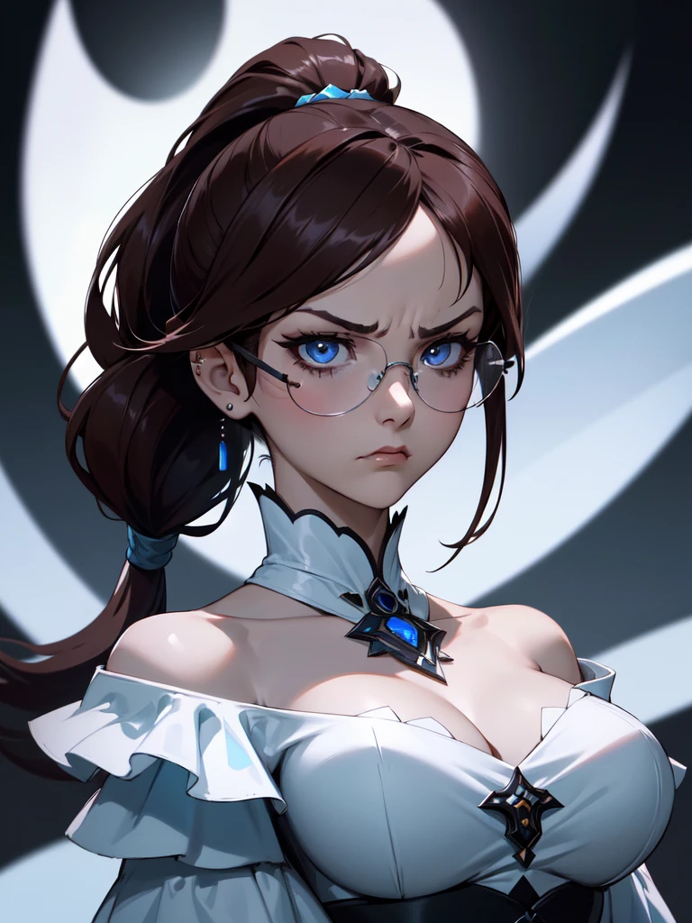 (((Portrait Photo))), She has the Appearance of a Regal Teenager, with a Strong, Muscular Build that Commands Attention. Her Long, Dark Brown Hair Tied in a High, Oversized Ponytail. Her Light Blue Eyes, Framed by Long Lashes, Exude a Fierce Intensity, Reflecting a Stormy Determination and a Hint of Fury. Her Expression is Stern and Resolute, with a Tense Jaw and Piercing Gaze, Conveying a Sense of Heavenly Pride and a Bad Temperament. (((Dark Background))), (((Portrait Photo))), (((Clear Glasses))), (((White Off-the-Shoulder Blouse Accentuates Her Large Bust))), (((Very Serious Expression)))