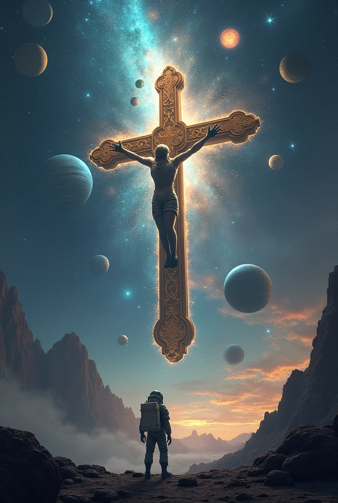 The Cross , in outer space , planets , stars , constellations , an astronaut
