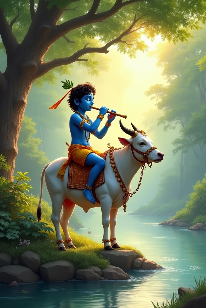Little shree Krishna playing flute on a cow in a riverside with tree and nature view