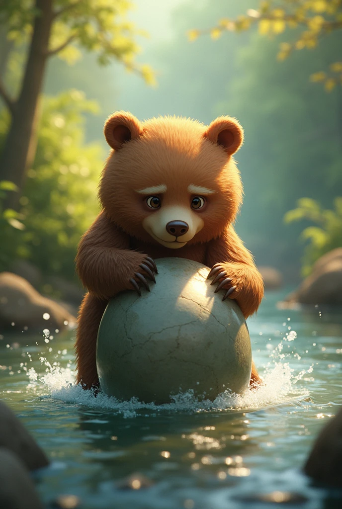 The little bear trying to lift the shiny stone which is in a river, with visible effort in his expression.