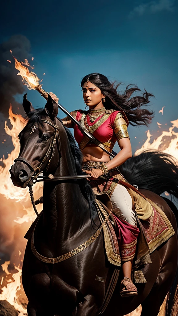 Rani Lakshmibai on Horseback**: Rani Lakshmibai riding a black horse at full gallop through the battlefield. The scene shows her leading her troops, her sword raised high, her face determined, with smoke and fire in the background.