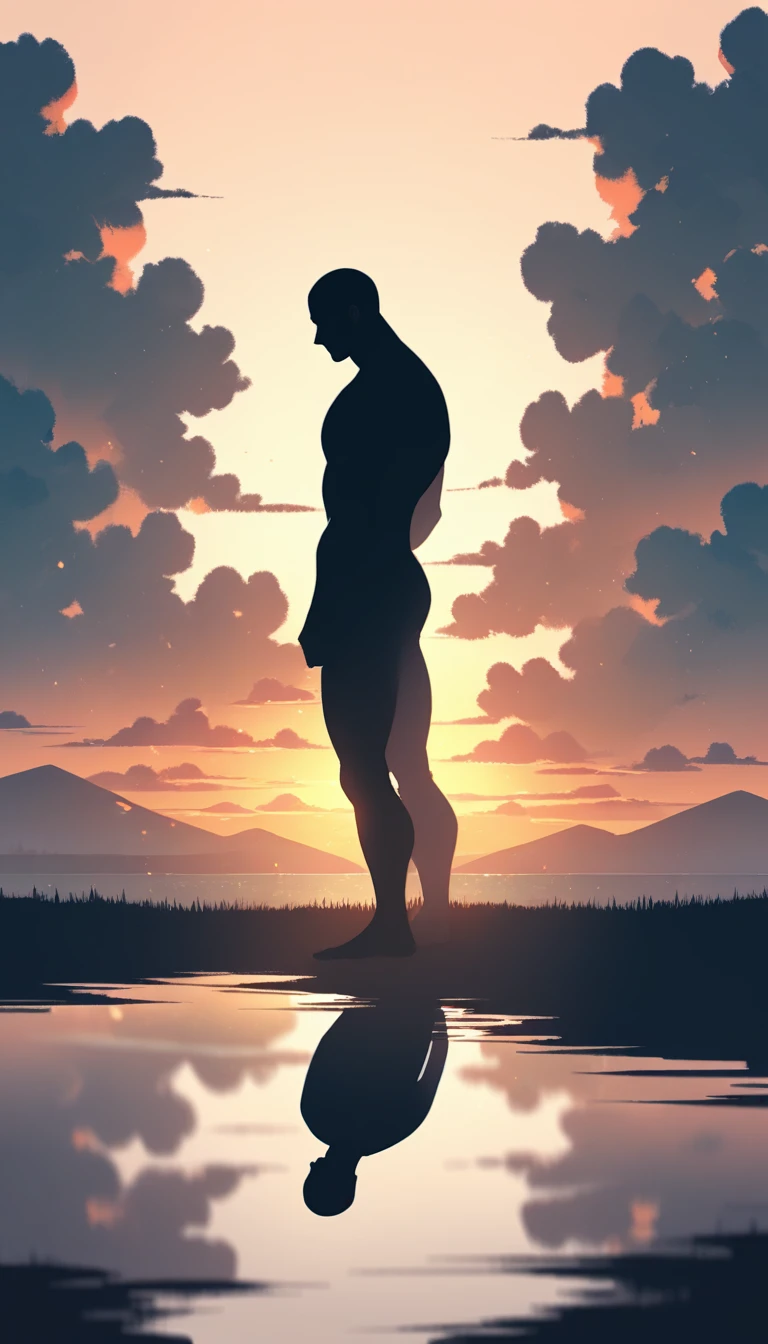 A man in a black bodysuit stands in the smoke, Priapus, Dark Black, Dark black skin, Buzz Cut, His muscles are very developed, Very tall, short hair, Blend into the smoke, Lake, Reflection, Sunset, Sunset, Man silhouette, Chinese, black and white, Simple style