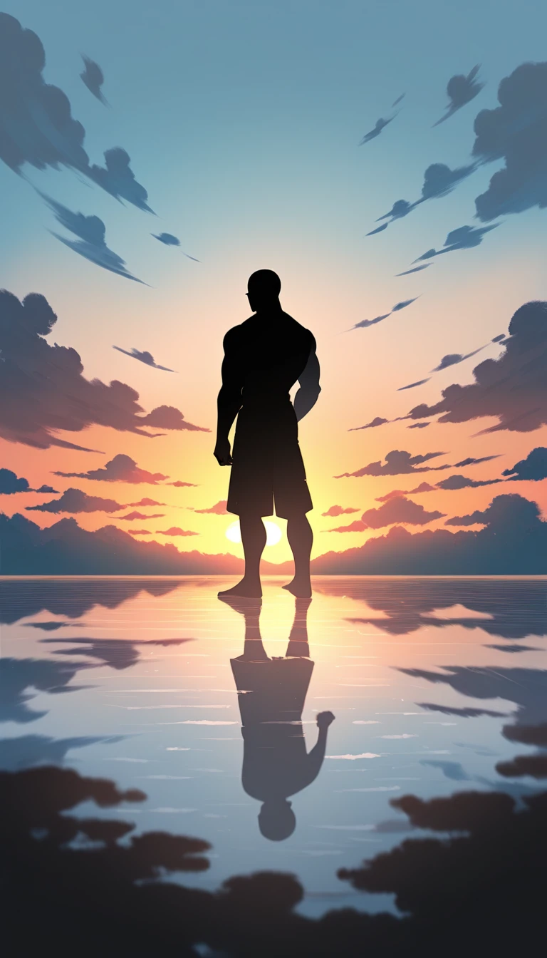 A man in a black bodysuit stands in the smoke, Priapus, Dark Black, Dark black skin, Buzz Cut, His muscles are very developed, Very tall, short hair, Blend into the smoke, Lake, Reflection, Sunset, Sunset, Man silhouette, Chinese, black and white, Simple style