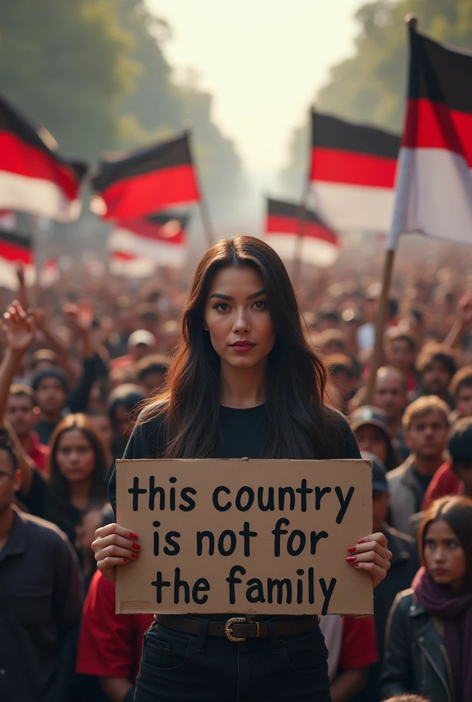 (photorealism:1.2), beautiful woman, standing with a large papper with text "INI NEGARA BUKAN MILIK KELUARGA", at the demonstran crowded, indonesian flag, black flag, concert, so many man and women at the demo