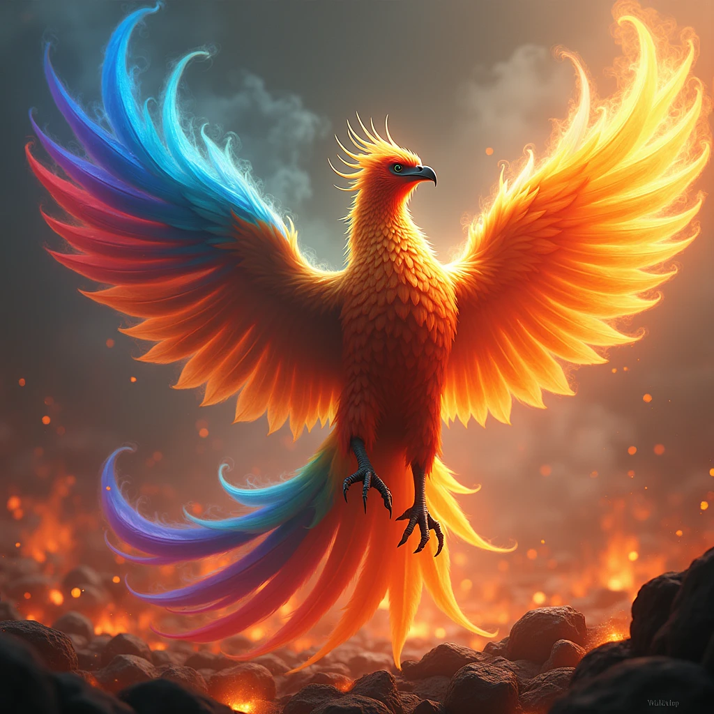 Mystical Phoenix、Detailed burning flame bird、Detailed rainbow flames、Sharp and detailed claws、Thick and huge_Detailed thighs、Detailed large wings、Exquisite detail、Dramatic lighting、Cinematic pose、Majestic wings spread、Burning embers、Swirling smoke、Vibrant colors、(best quality,4K,8k,highres,masterpiece:1.2),ultra-detailed,(realistic,photorealistic,photo-realistic:1.37),cinematic,dramatic lighting,vivid colors,ornate,highly detailed phoenix,intense fire effects,dramatic angles,sweeping wingspan,powerful presence