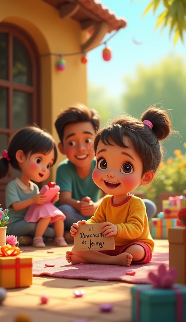  outside with her parents in a little house playing with toys and there are many gifts and there is a sign next to her that says El Rinconcito De Jeimy 
