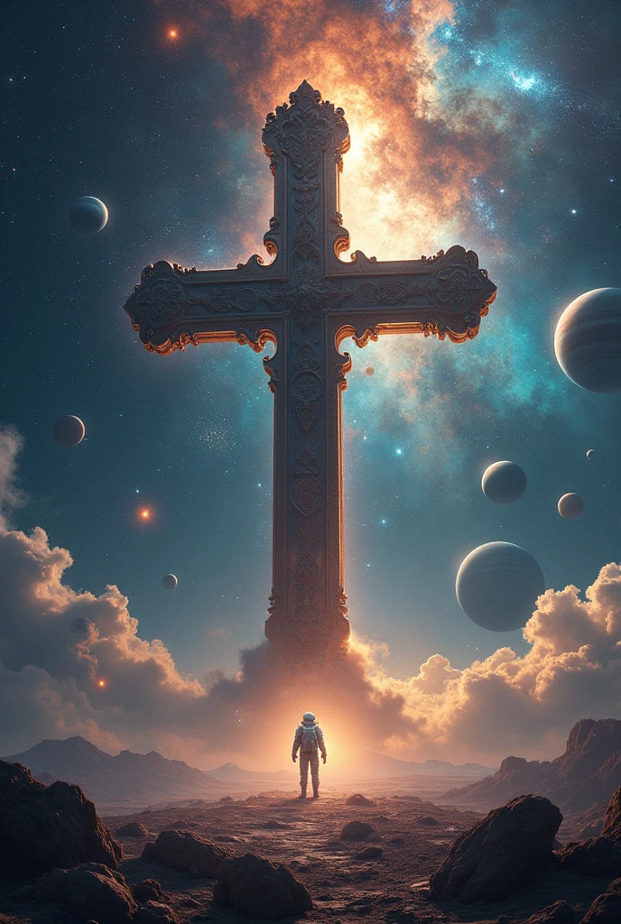 The Cross , in outer space , planets , stars , constellations , an astronaut