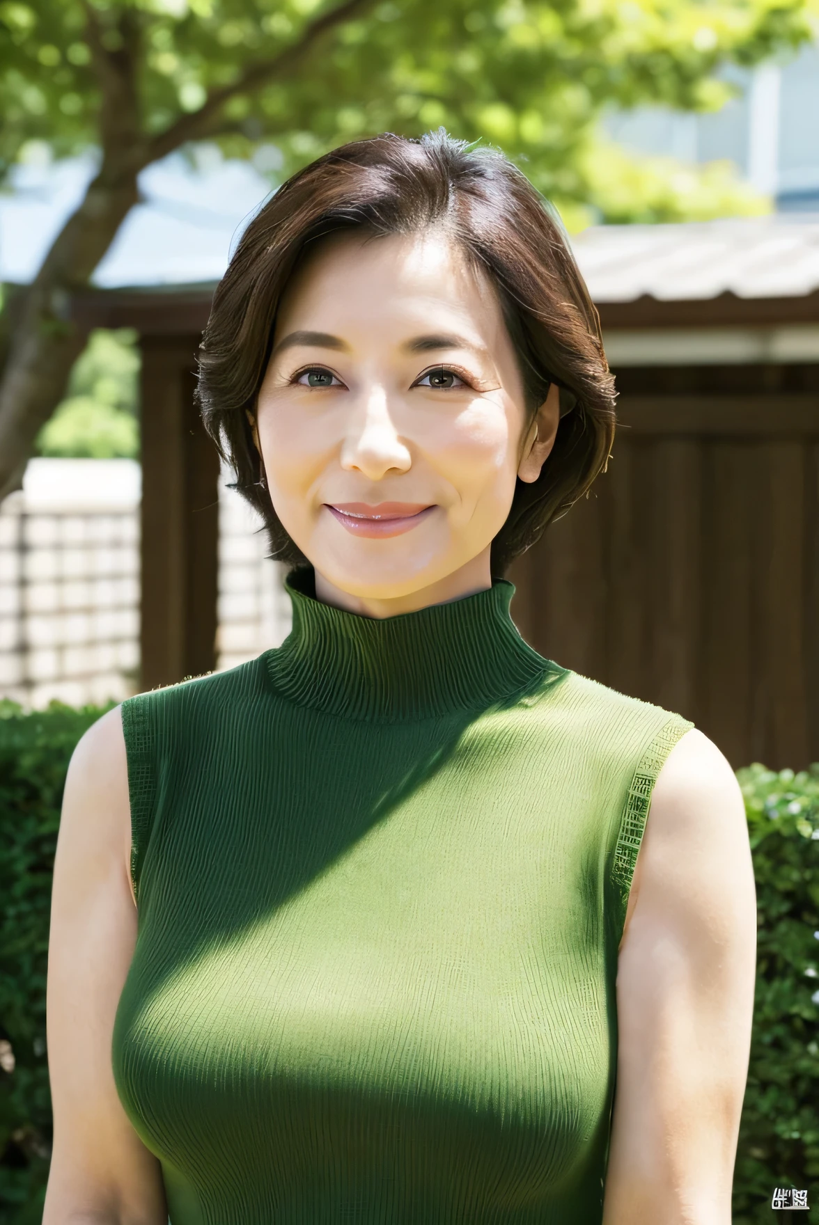 A slender Japanese woman looking at the camera、Cute Face、smile、Black turtleneck sweater、Green tree in the background々Or bushes、High resolution、High resolution画像, 日本人 Mature Woman, (alone), 4, (Wrinkles around the eyes:1.2), Large Breasts, Long Hair, Mature Woman, Glamour, Sexy, Chromo White Skin, View your viewers、Oversized breasts、Wearing a sleeveless turtleneck、Tight-fitting knit dress with a sew-up、