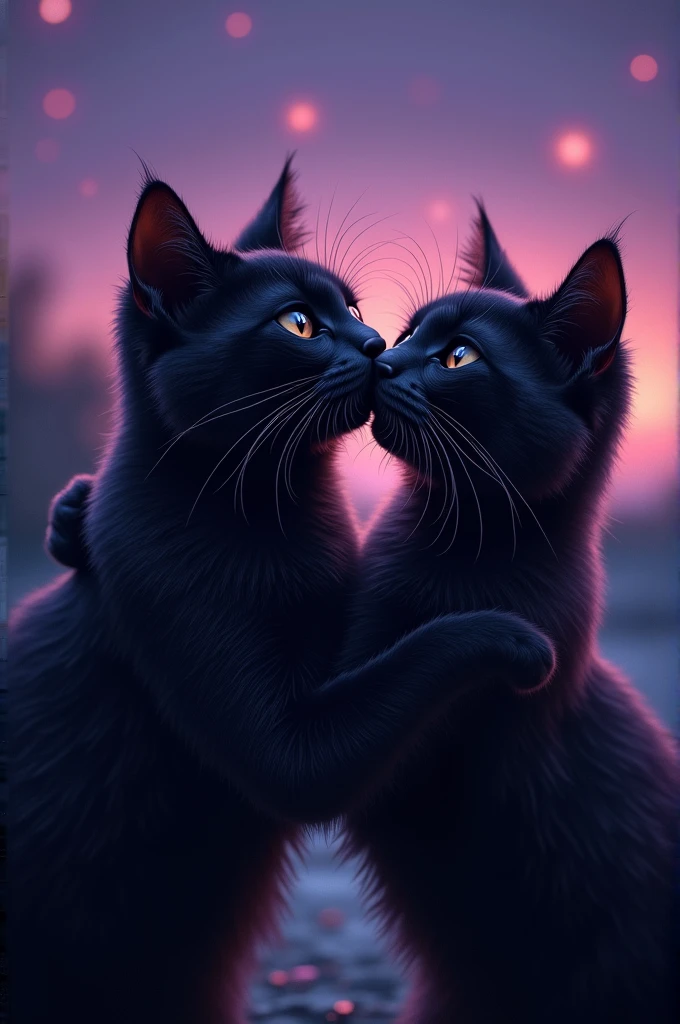 Two cat black and purple hug and kiss with soft smile and eye close with beautiful night background 
