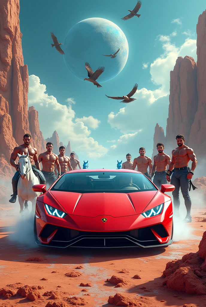 Red lamborgani on with ten strong man's on Uranus with five white and five blue horses and five eagles flying in sky 