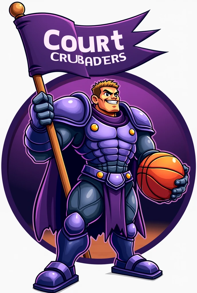 ully armored holding a basketball in his hand and a flag on the other hand with the word COURT CRUSADERS written within the flag make the theme colour purple.
Remember make a logo make it cartoon type
Make it within a badge type.A logo not a wallpaper or some else