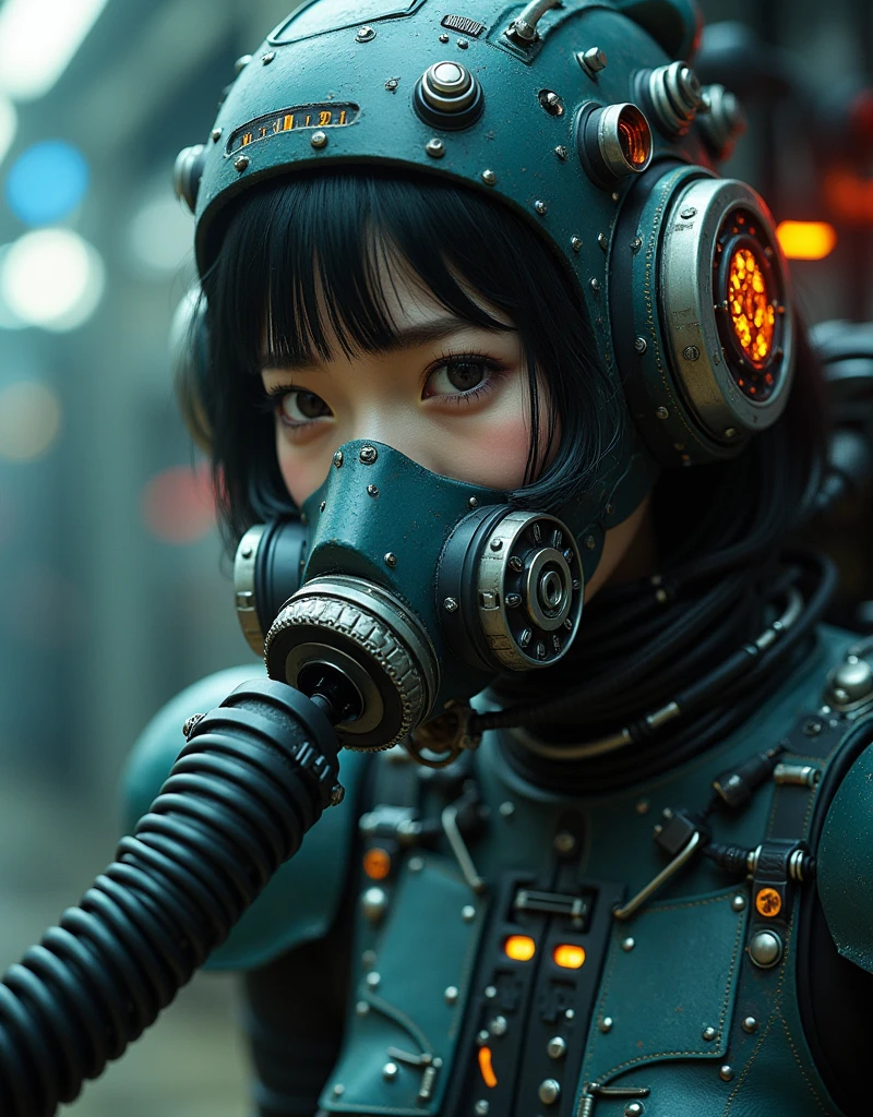 NFSW, photo-realistic, ultra-realistic, very beautiful Japanese, famous Japanese idol, 2, (Her body is restrained in an automated body modification machine that transform her to the strongest war machine:1.5), latex BDSM, Vulgar, dramatic scene, masterpiece, beautiful eyes, (extremely intricated with extremely complex futuristic cyber punk mecha armored black latex full-face gas mask:1.5), (wearing extremely intricated with complex multi-layered cyber punk mecha armored tight fitting bodysuits with neon markers:1.3),  (The hose connected to the mask is connected to a vacuum pump for super powerful suction:1.4), (crying)