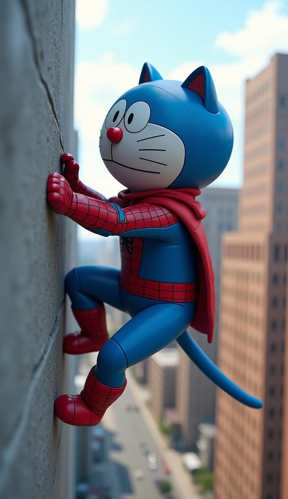 Doraemon in Spiderman costume, test your new abilities. He climbed the wall.