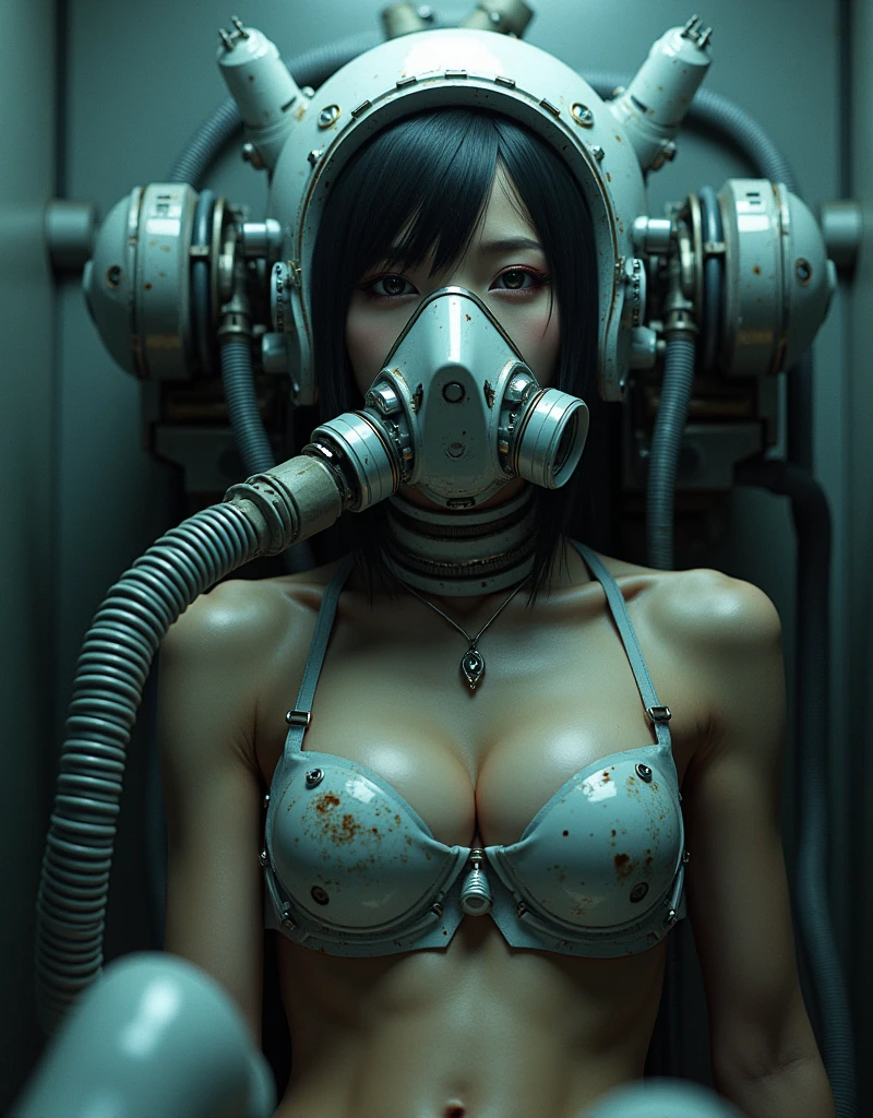 NFSW, photo-realistic, ultra-realistic, very beautiful Japanese, famous Japanese idol, 2, (Her body is restrained in an automated body modification machine that transform her to the strongest war machine:1.5), latex BDSM, Vulgar, dramatic scene, masterpiece, beautiful eyes, (extremely intricated with extremely complex futuristic cyber punk mecha armored black latex full-face gas mask:1.5), (wearing extremely intricated with complex multi-layered cyber punk mecha armored tight fitting bodysuits with neon markers:1.3),  (The hose connected to the mask is connected to a vacuum pump for super powerful suction:1.4), (crying)