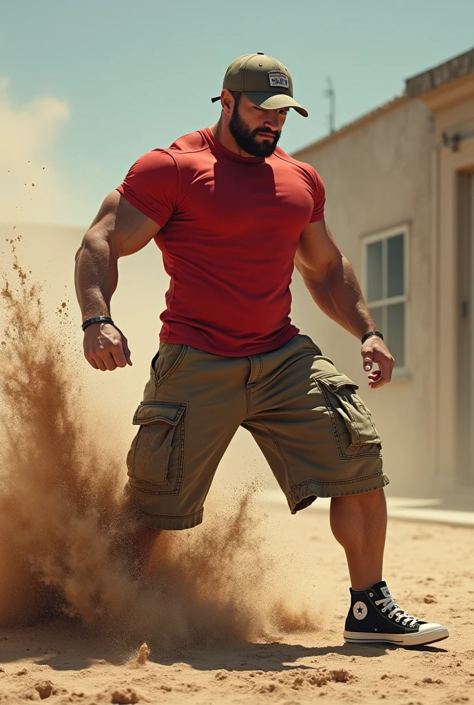 Muscular man wearing a shirt with long shorts Long loose shorts With pockets on the sides with converse sneakers red T-shirt and brown shorts Long short, Normal musculature With beard and baseball cap Realistic musculature Hit the ground making a crater 