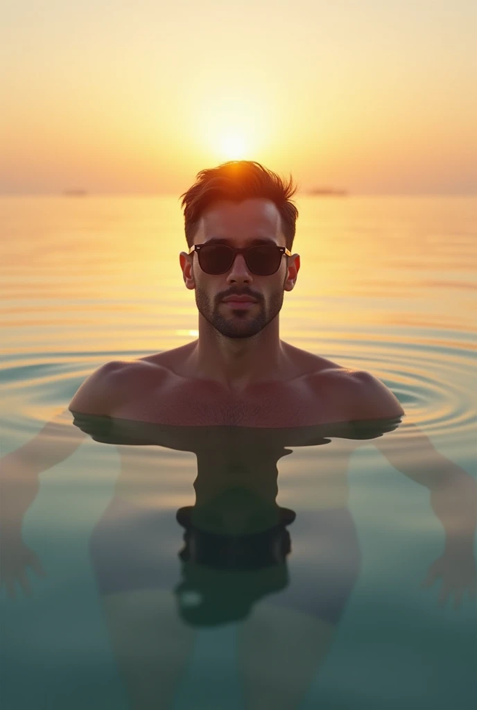 Create a hyper-realistic image of a man, it is very important that he does not have a beard, he must appear without facial hair. Approximately 2. The man has dark brown hair and a short haircut. He does not wear a beard and has a white skin tone. His physical features include a slightly broad forehead and an athletic build, with a height of 1.87 meters and a weight of 93 kg. Although he has muscle mass, he is not overly strong. The man is wearing sunglasses and is bathing in the water of a beach at sunset, submerged up to his chest. The water reflects the warm, golden tones of the setting sun, creating a calm and relaxing atmosphere. The perspective of the image should be as if taken from an iPhone 12, capturing realistic details and natural colors, with the sunset horizon and reflection in the water clearly visible. Make sure the image conveys a sense of serenity and realism.