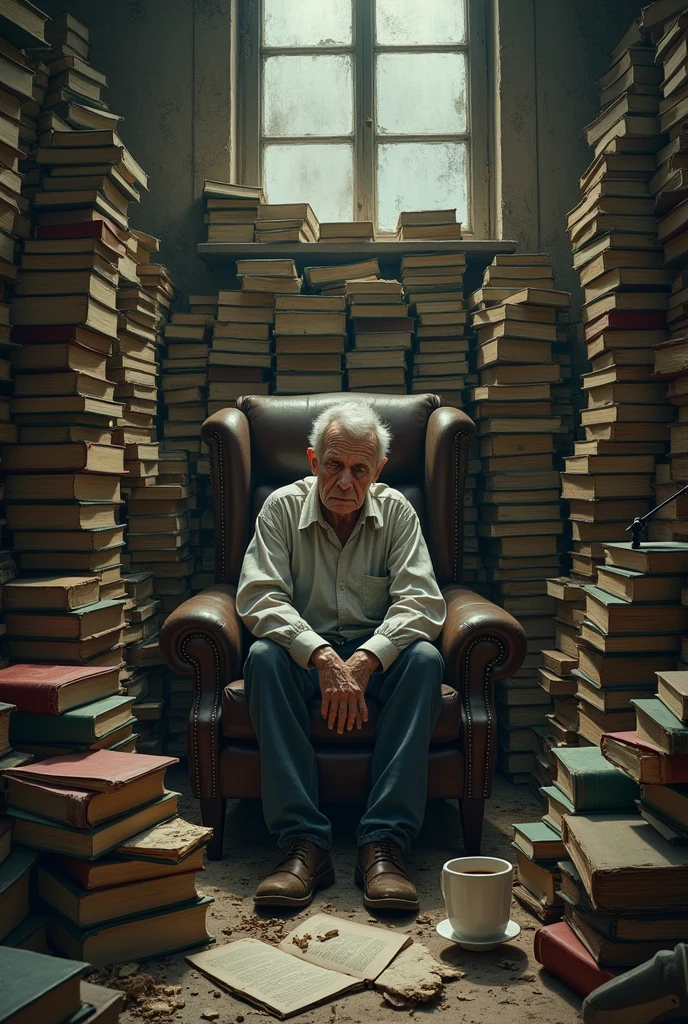 Adult in a small messy room full of old books