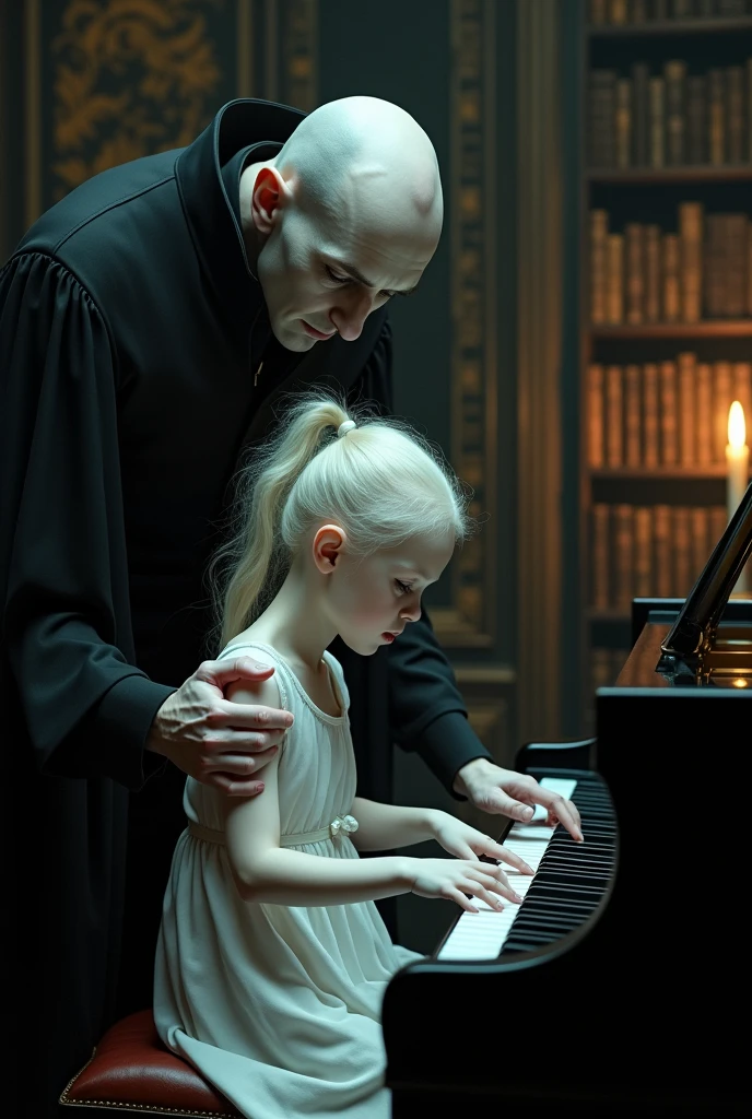 Bald vampire teaching albino girl to play piano