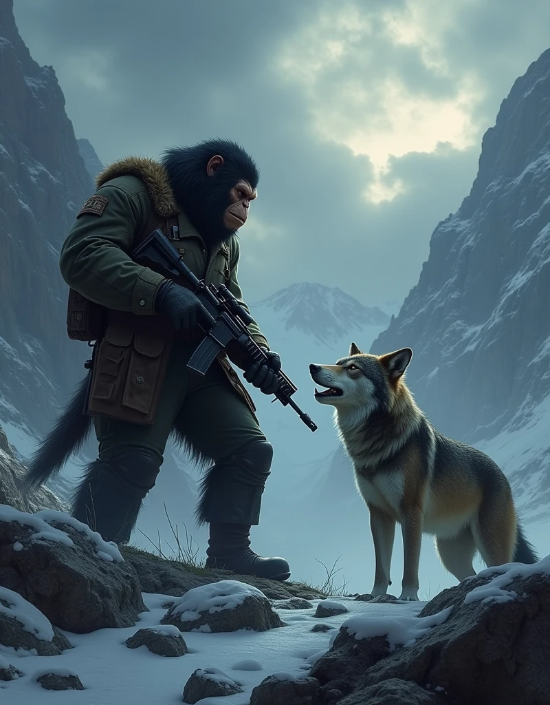 "In the background, the rugged mountain terrain is stark and dramatic, with craggy cliffs and scattered patches of snow. The sky is overcast with dark, ominous clouds, adding a sense of foreboding. The lighting is dim, casting long shadows and highlighting the contours of the wolf’s fur and the ape's muscular build. The wolf's eyes are sharp and alert, reflecting its role as a vigilant guardian. The ape’s clothing and rifle should appear realistic and detailed, hinting at a rough, survivalist lifestyle. The overall mood of the scene should be intense and adventurous, capturing a moment of strategic planning or vigilance as the characters prepare for an unknown challenge."