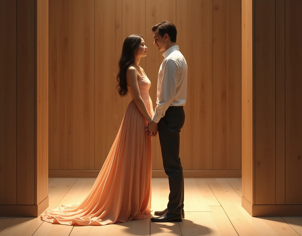 A woman and a man holding hands. A woman in a cylindrical skirt is still against a wooden background.