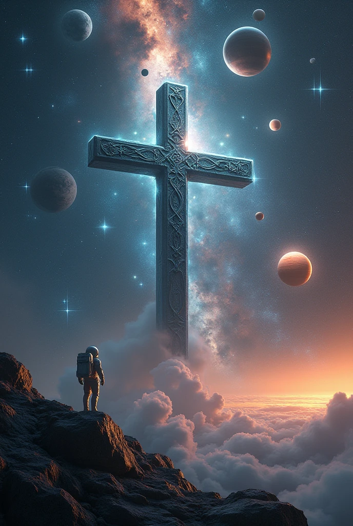 The Cross , in outer space , planets , stars , constellations , an astronaut
