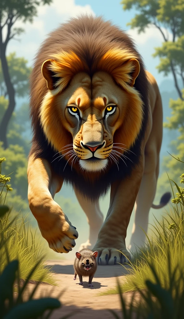 Lion hunting a rat