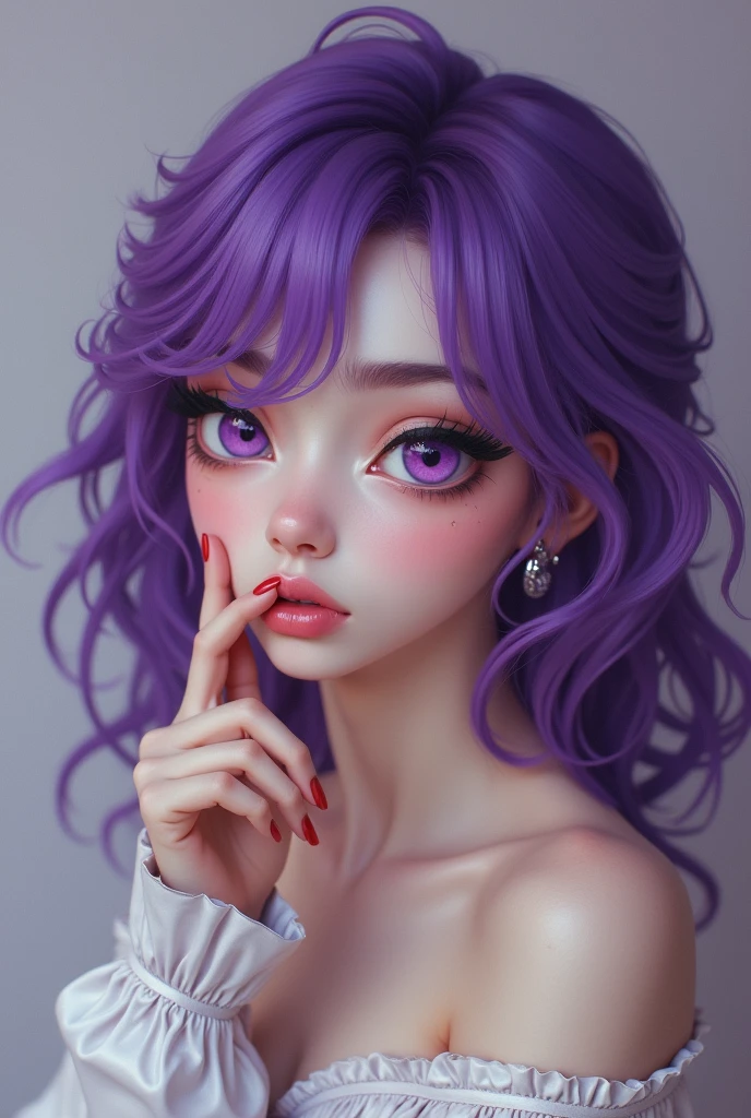 (32 mil) 16K, 8k, 4K, Super thin face, small mouth, lip biting makeup, effeminate, cabelo roxo, purples eyes, high resolution, perfect. portraite.