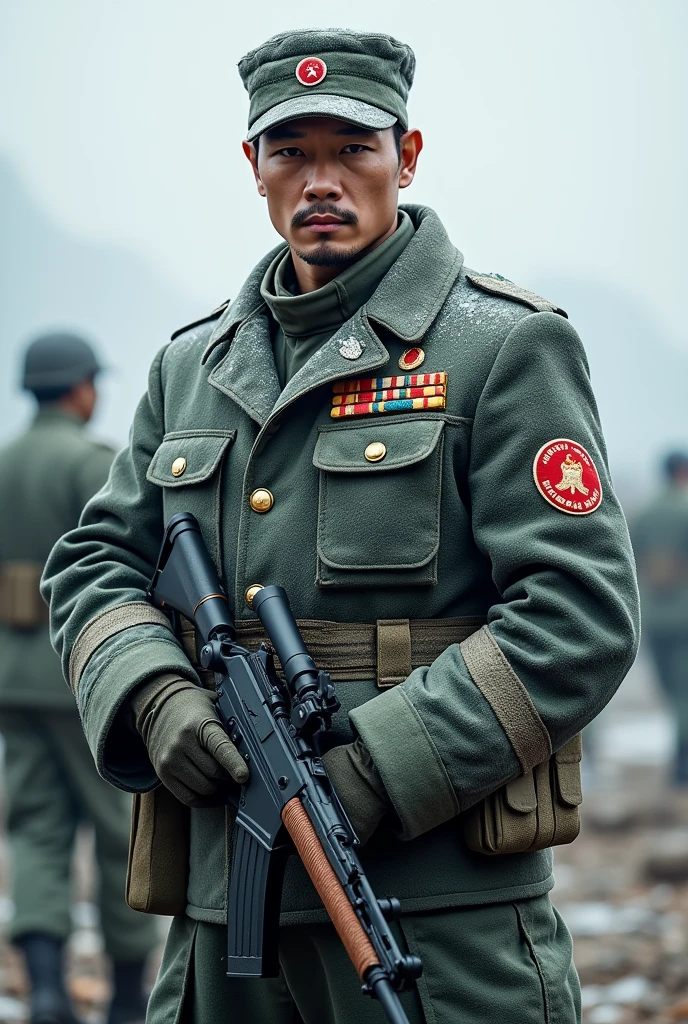 1 men, (chinese soldiers), with badges, snow camouflage soldier uniform, detailed lines, gorgeous face, upscale:4x, gun,  in neck, masculine, war background, 