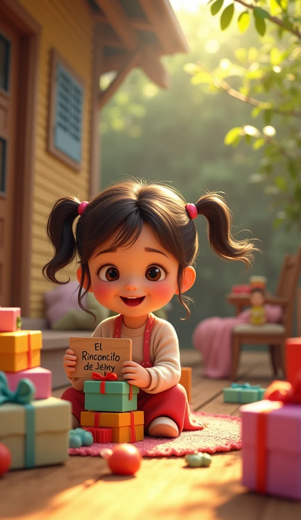  outside with her parents in a little house playing with toys and there are many gifts and there is a sign next to her that says El Rinconcito De Jeimy 
