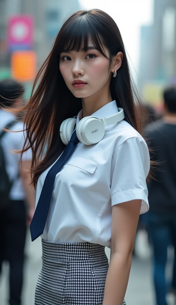 (Blunt bangs, Princess Bang))), (((Very heavy,Voluminous bangs:1.1))),(((very long, Very heavy,Very voluminous side locks:1.1))),, Hime cut, Straight bangs hairstyle, People with round faces and plain bangs, dull with long hair、Bangs cut straight,))High Fashion Portrait, (Highest quality, detailed,masterpiece:1.2), Realistic, 1 person, Beautiful woman, high school girl,Full Body Shot, Fashion Model, Dynamic pose, break small head, break (detailed buttocks, detailed legs, detailed body line, Beautiful breasts, Narrow waist, Tight little ass, Beautiful muscular legs, Beautiful legs, Creates a sculptural beauty:1.2), Beautiful white, silky skin, A slim and beautiful neck, (Full Body Shot, Dynamic pose:1.2), break Opt for a sleek, (((High School Uniformの白い半袖のカッターシャツ, Navy blue tie, socks, High School Uniform: 1.2, Navy blue gingham check skirt,White headphones hanging around his neck))) , Sharp angles and a sleek finish give it a futuristic feel., break small head, detailed face, ((Full body photo))((Directly facing)))looking at the camera,masterpiece,Highest quality,8k,クレイジーなdetailed,複雑なdetailed,超detailed,super quality,High detail(((The hem of the skirt is fluttering in the wind,))Costume,))looking at the camera(Realistic、Realistic:1.37)、,Highest quality, figure, 超detailedな, finely, 完璧なダイナミックな構figure, ((Taken in the middle of the scramble intersection)), Beautiful and fine details,Expressionless,Model body type,, ,Women are paying attention, Her face is beautiful and delicate,Showing an otherworldly beauty。,Female model standing in a crowded city street,, Hair is fluttering in the wind,Fashion Model,looking at the camera,masterpiece,A bit backlit,The tip of her hair is visible