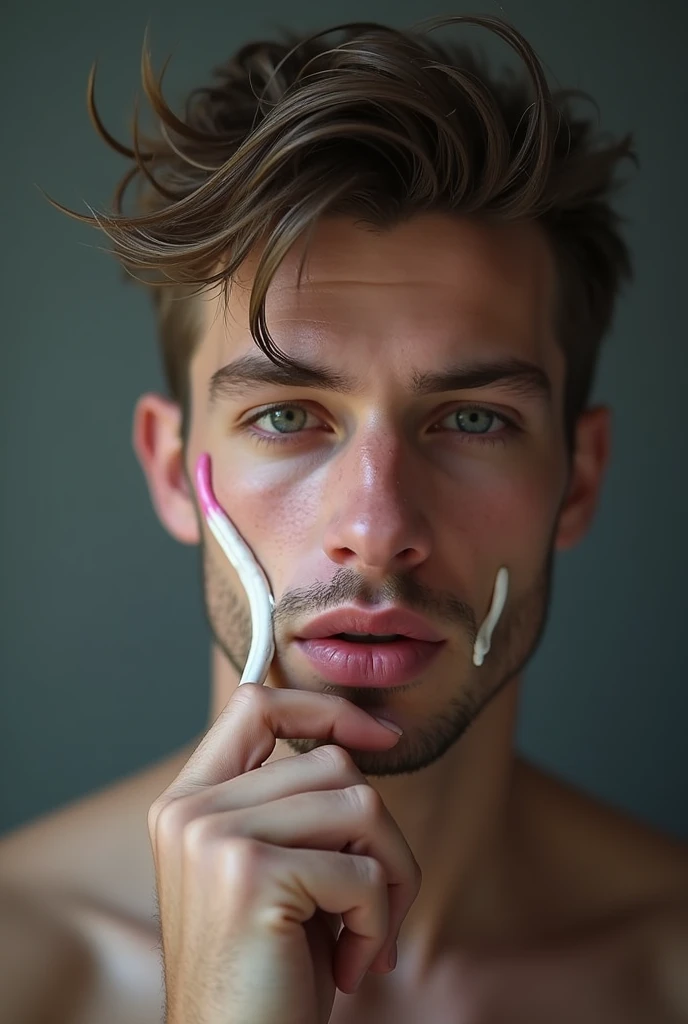 Make a naked man so that his penis becomes white with a pink tip, splashing the fresh sperm... In which it is satisfied