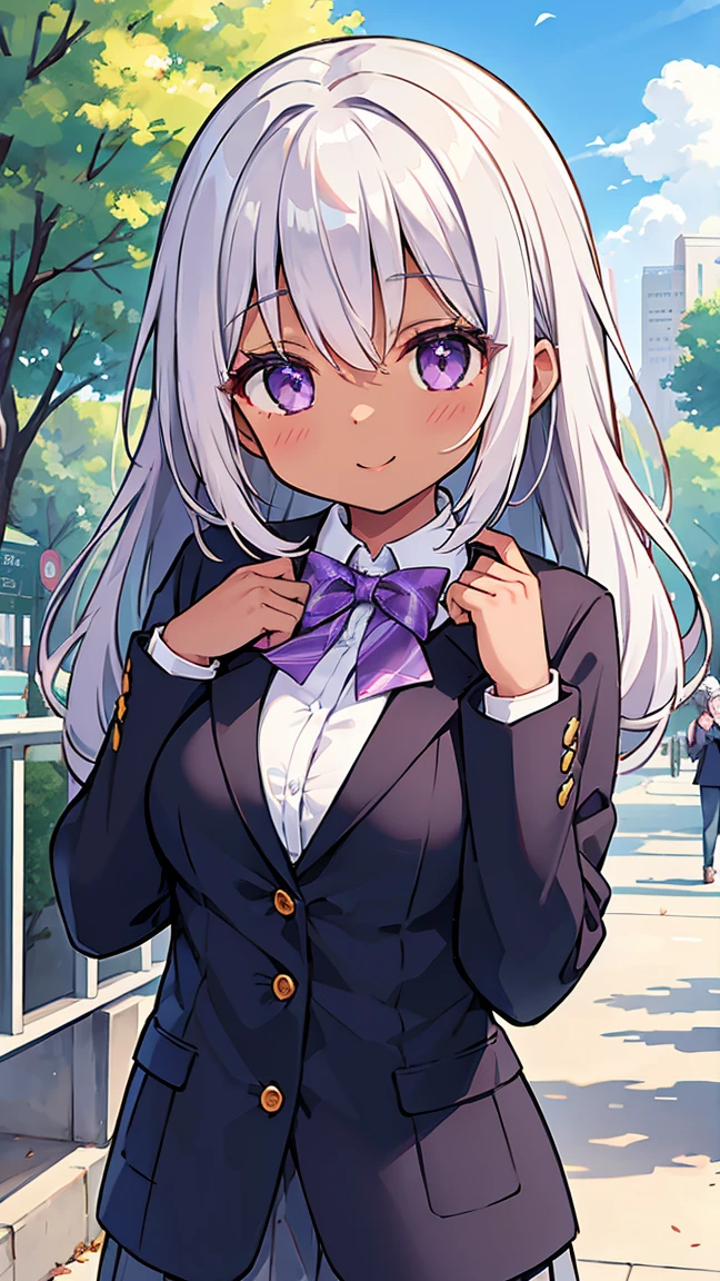 Bright feeling、Grey Hair、long、Purple Eyes、Dark skin、Breast size is medium、Beautiful eyes、Walking in the park、A kind smile、Beautiful eyelashes、beautiful girl、Wearing a blazer、A beautiful high school girl that everyone turns to look at.