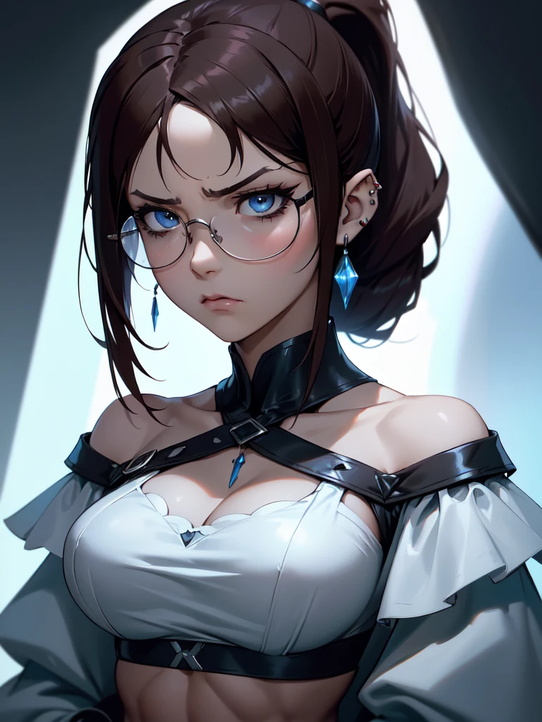 (((Portrait Photo))), She has the Appearance of a Regal Teenager, with a Strong, Muscular Build that Commands Attention. Her Long, Dark Brown Hair Tied in a High, Oversized Ponytail. Her Light Blue Eyes, Framed by Long Lashes, Exude a Fierce Intensity, Reflecting a Stormy Determination and a Hint of Fury. Her Expression is Stern and Resolute, with a Tense Jaw and Piercing Gaze, Conveying a Sense of Heavenly Pride and a Bad Temperament. (((Dark Background))), (((Portrait Photo))), (((Clear Glasses))), (((White Off-the-Shoulder Blouse Accentuates Her Large Bust))), (((Very Serious Expression))), (((Revealing Her Abs)))