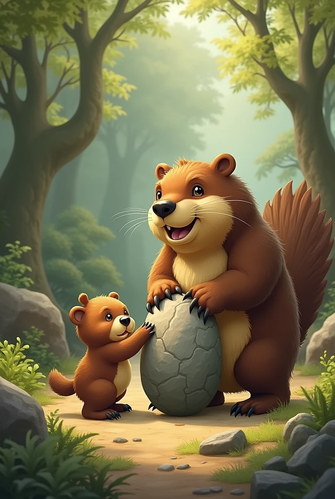 A big, friendly beaver appears next to the little bear., offering to help him move the stone.