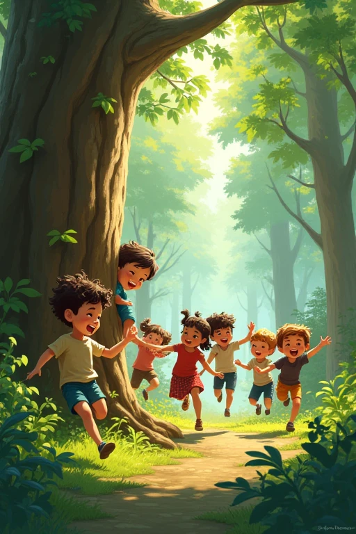 in the forest,10 people,juvenile,Girl,Peeking out from beside the tree,Jumping,playing,laughing,running,Painting style