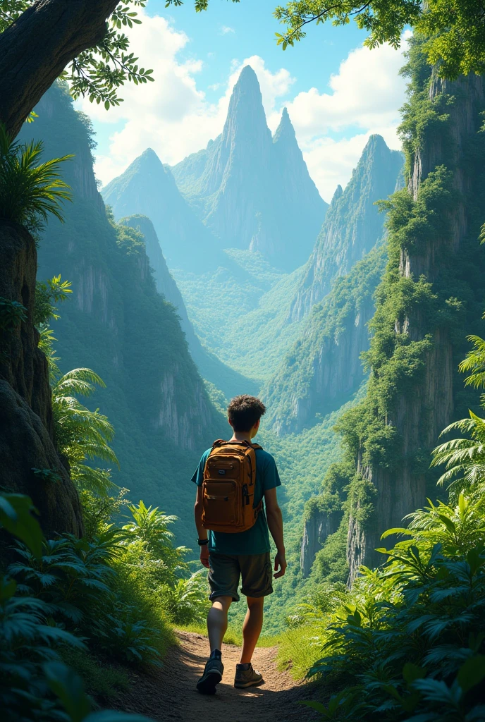 a young man is traveling in jungle mounten with his tour cloth