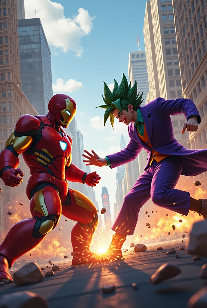 The Joker in combat with Goku and Iron Man in a city 