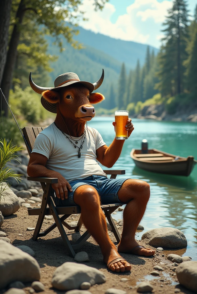 A fishing bull with his fishing rod, well defined:1.3, sitting on a chair by a river, holding a fishing rod, drinking a beer, wearing a bucket hat, wearing white t-shirts, boat nearby, surrounded by a forest and rocks, extremely detailed, funny, satirical surreal scene.