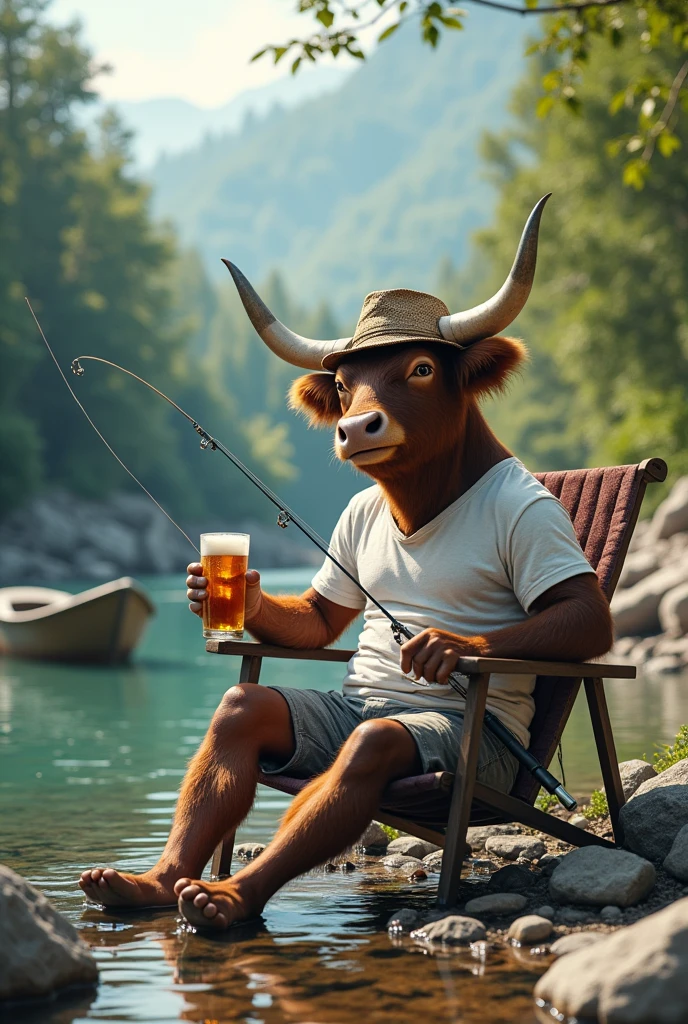 A fishing bull with his fishing rod, well defined:1.3, sitting on a chair by a river, holding a fishing rod, drinking a beer, wearing a bucket hat, wearing white t-shirts, boat nearby, surrounded by a forest and rocks, extremely detailed, funny, satirical surreal scene.