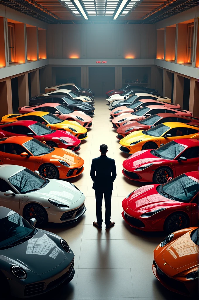 50 luxury cars and 1 man standing in the corner 
