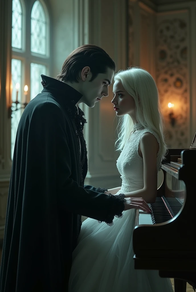 Vampire man, teaching albino girl play piano