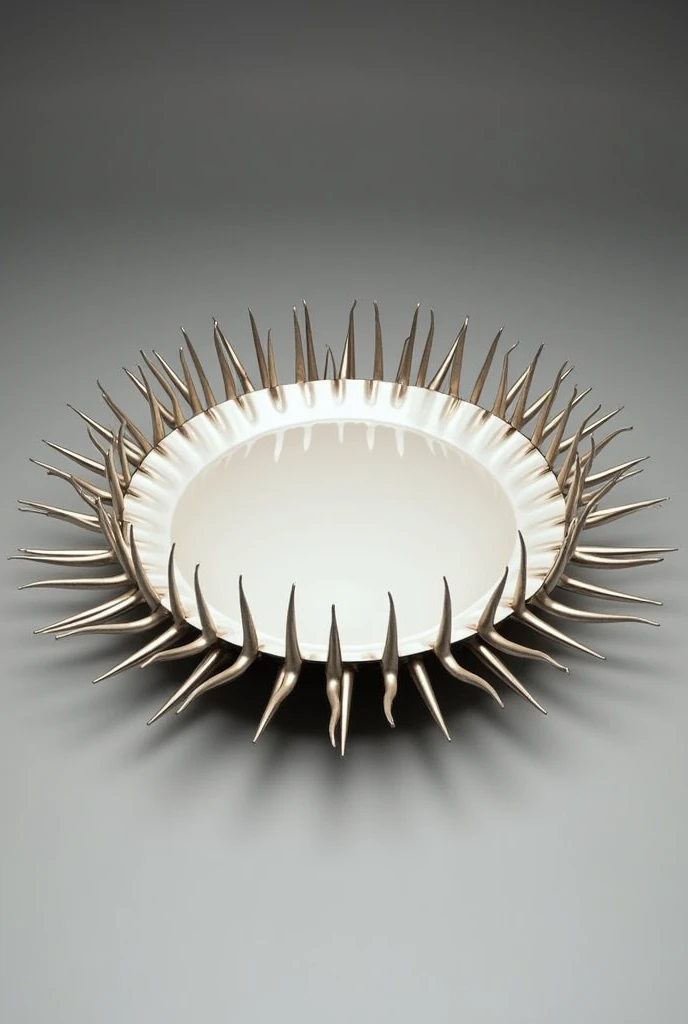 Un rond plat de diamètre 30, avec une poignée au milieu, avec une trentaine de piques sous le dessous du rond, en jolie figure