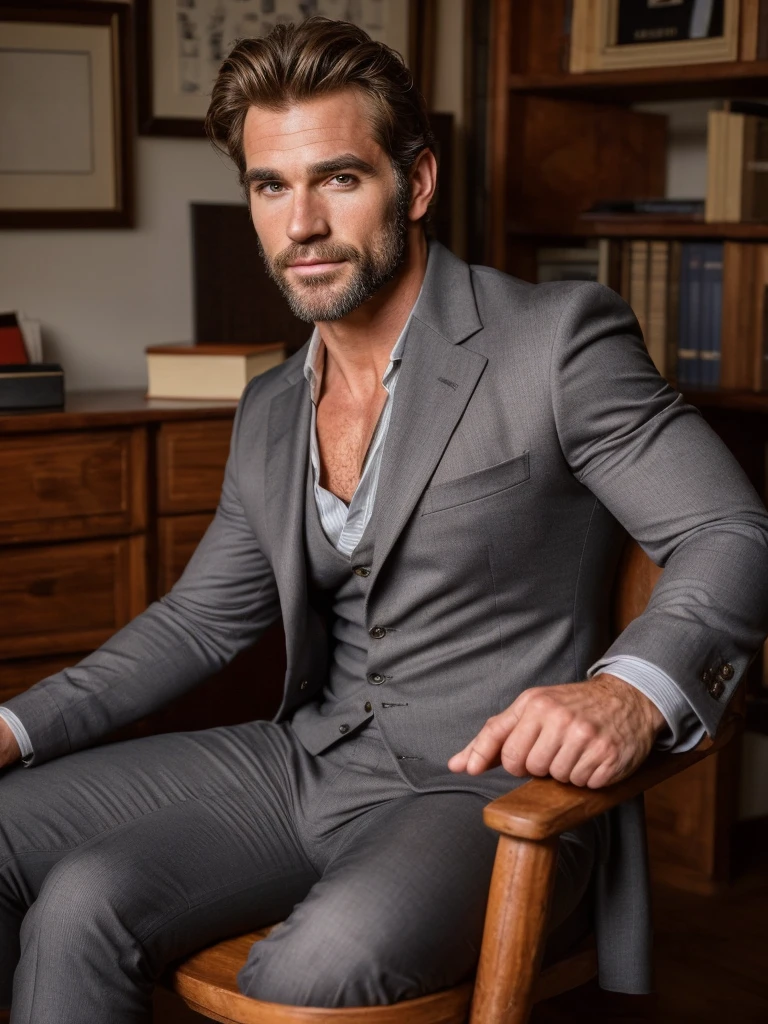 hair, portrait of a ruggedly handsome paladin, muscular, half body, masculine, mature, Retrato de un joven, Muscular very handsome and attractive spanis men, A 40 years old male, Retrato de un joven, Muscular, real, office black outfit, sit in a chair, biseness suit.