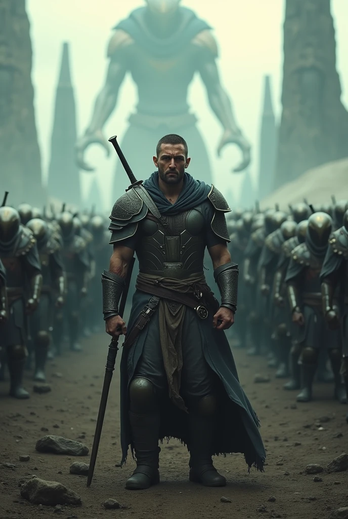 A Injured warrior sandout agains the thousand of alien army , 4k dark cinematic background