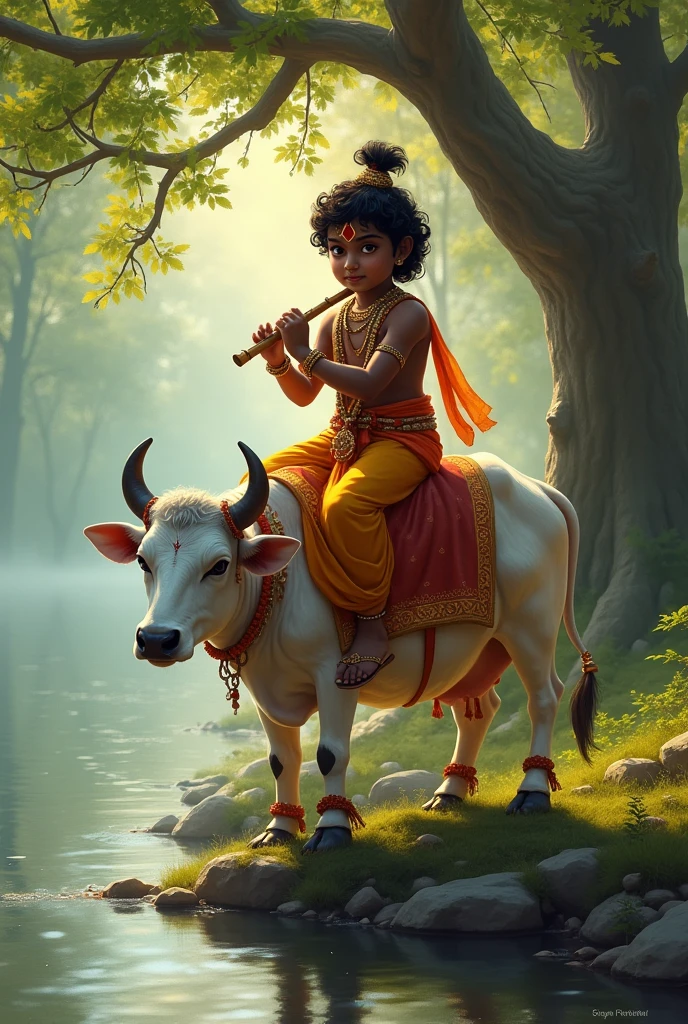 Little Krishna playing flute on a cow in a riverside with tree and nature view