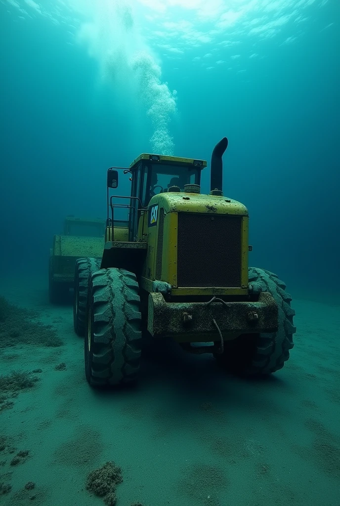 A Caterpillar CAT 980K wheel loader slowly moves through the dark depths of the Atlantic Ocean. The weak light penetrates through the water, revealing the vague outlines of the sunken shipwreck. Algae and other sea creatures cling to the car, and the diffused light reveals traces of rust and damage. The car moves with difficulty, while the cloud of sand rises in its wake, and the sound of the engine resounds sinisterly in the deep silence of the ocean.