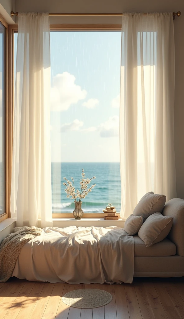 A quaint, airy room with white curtains billowing slightly as rain taps against the windows. The sound of waves crashing and the rain's melody combine to create the ultimate nap-worthy atmosphere.