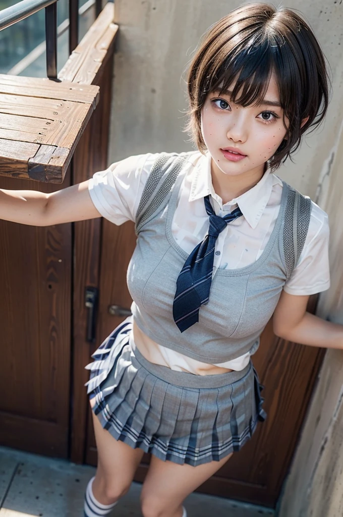 Very realistic、high quality、A very beautiful and stylish gravure model、Silver Mesh Hair、Wavy Hair、Short Hair、Pixie Cut、Schoolgirl uniform、Pleated skirt、socks、A large amount of thick semen is splashed on her face、Being forced to lift her skirt and show her panties、View Viewer、Full Body Shot